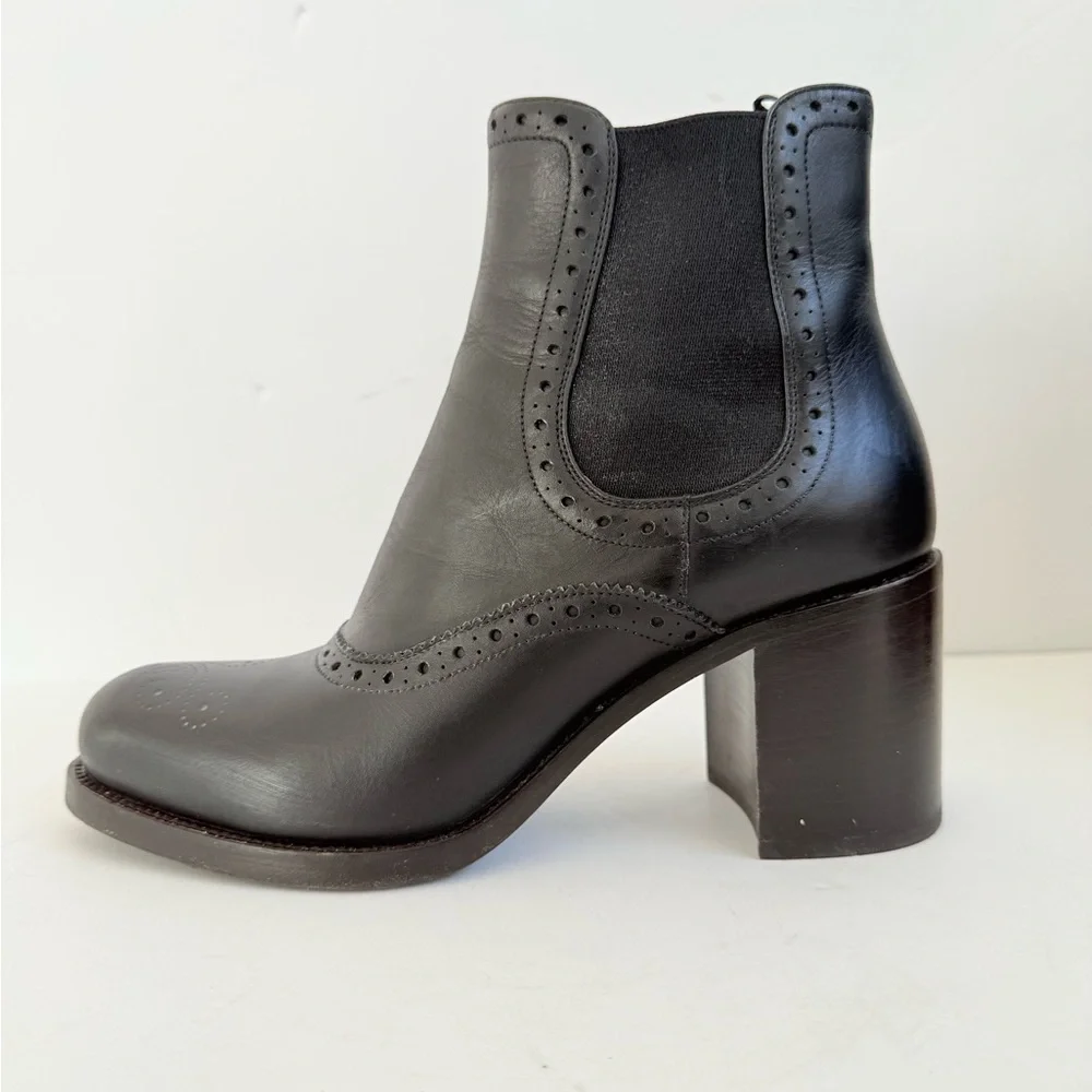Prada Milano Black Leather Brogue Chelsea Ankle Boots Block Heels EU 39